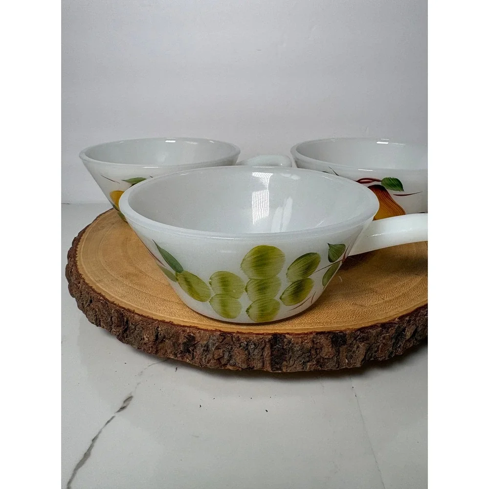 Vintage Fire-King Milk Glass Fruit Chili Bowls Set of 3 Pear Grapes Hand Painted